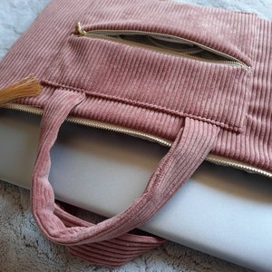 Housse molletonnée PC MacBook Sac d'ordinateur velours Rose ou vert Anses et grande pochette pour les câbles 12 pouces à 17 pouces image 1