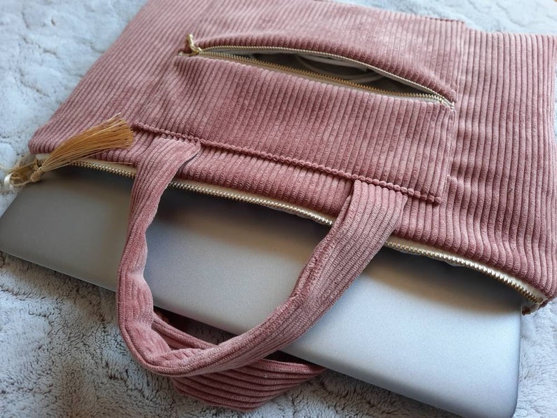 Housse molletonnée PC MacBook Sac d'ordinateur velours Rose ou vert Anses et grande pochette pour les câbles 12 pouces à 17 pouces image 1