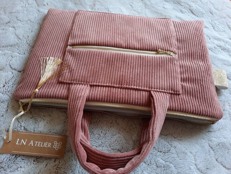 Housse molletonnée PC MacBook Sac d'ordinateur velours Rose ou vert Anses et grande pochette pour les câbles 12 pouces à 17 pouces image 8