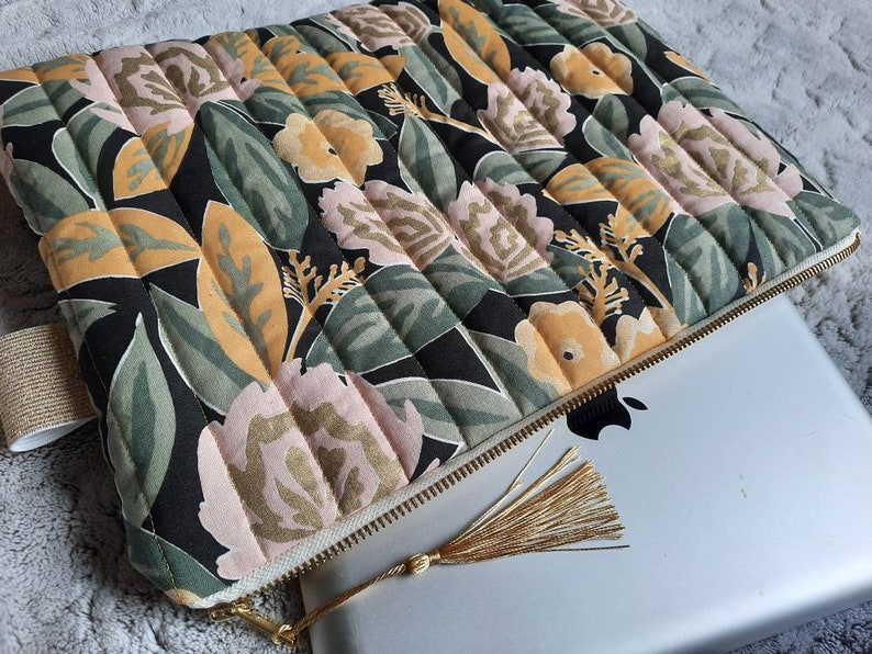 Housse d'ordinateur zippée PC MacBook iPad Surface Pochette Fleurie dorée Tissu molletonné Résistante Doublure or 11 à 17 pouces image 5