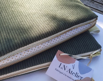 Housse d'ordinateur zippée PC MacBook IPad Surface - Pochette  - Velours - Vert kaki - Doublure intérieure matelassée. 10 à 17 pouces