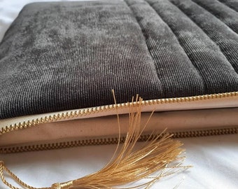 Housse d'ordinateur zippée PC MacBook IPad Surface - Pochette -  Velours molletonné - Gris - Résistante - Doublure or - 11 à 17 pouces