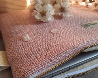 Housse d'ordinateur zippée PC MacBook IPad Surface - Pochette  -  Effet tweed rose et blanc pailleté - Doublure dorée - 10 à 17 pouces -