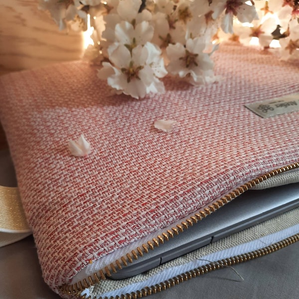 Housse d'ordinateur zippée PC MacBook IPad Surface - Pochette  -  Effet tweed rose et blanc pailleté - Doublure dorée - 10 à 17 pouces -