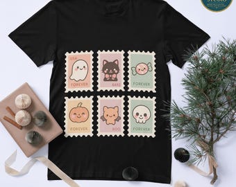Set di simpatici PNG di Halloween: fantasmi kawaii, gatti, caramelle, zucche, pipistrelli, timbri con teschio per adesivi, album di ritagli, design a sublimazione