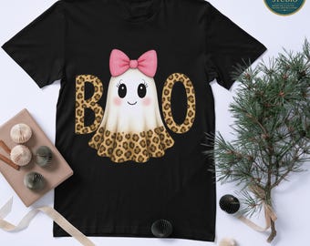 Leopard Ghost Boo PNG – Halloween Clipart with Pink Bow (Digital Download)