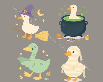 Paquete PNG de ganso de Halloween: imágenes prediseñadas de bruja, momia y pato zombi (descarga digital)