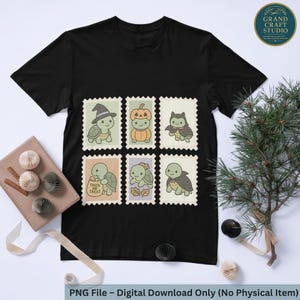 May include: Black t-shirt featuring a unique Halloween-themed design. The design includes six postage stamp-style illustrations of turtles dressed in Halloween costumes. The text "TRICK OR TREAT" is also visible. The shirt is a digital download.