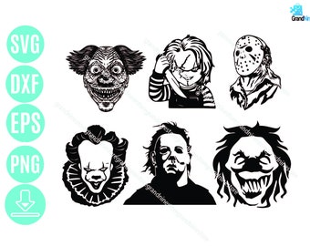 Scary Horror Faces SVG Bundle, Creepy Mask Killer Clown Cut Files, Halloween Horror Characters Pack for Cricut and Silhouette