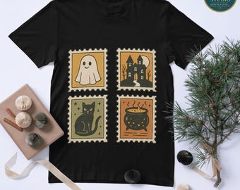 Clipart PNG vintage di Halloween: francobolli spettrali, fantasma, calderone (download digitale)