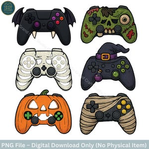 May include: A collection of six Halloween-themed game controller designs. The controllers feature various spooky designs, including a bat, zombie, skeleton, witch, pumpkin, and mummy. The controllers are black, green, orange, and beige.