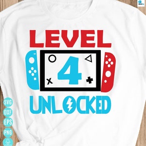 Level 4 Entriegelter Geburtstag Svg, 4 Jahre Altes Gamer Shirt Svg, 4. Geburtstag Junge Gamer Svg, Lustige Kinder Gamer Svg Digitale Datei für Cricut