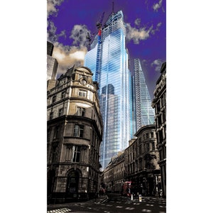 May include: A tall, modern glass skyscraper under construction in a city with older buildings. The sky is a vibrant purple with white clouds.