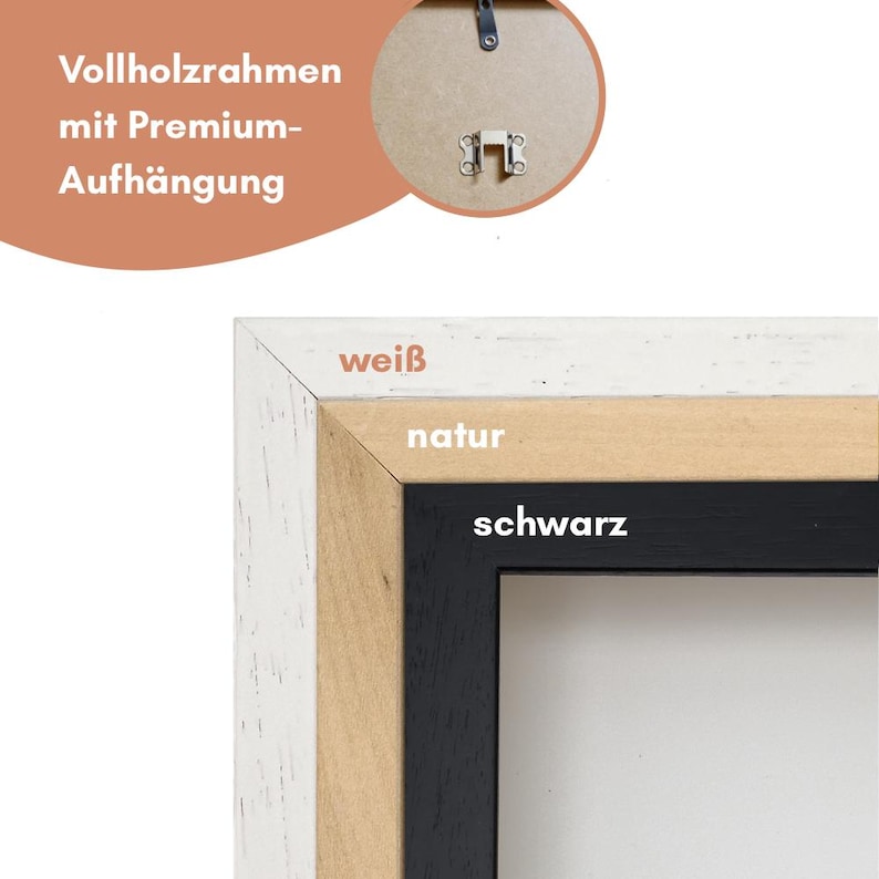 Puede incluir: Primer plano de un marco de fotos con borde blanco, de madera natural y negro. El marco tiene el texto "wei&szlig;", "natur" y "schwarz". El marco es de madera y tiene un sistema de colgado premium.