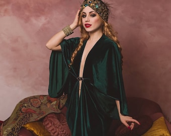 Robe de velours émeraude des années 1920 couleur style Hollywood Great Gatsby Burlesque clapet Cocoon manteau