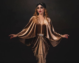 1920s Velvet Gown Beige coffee with milk color Hollywood style Great Gatsby Burlesque flapper Cocoon coat
