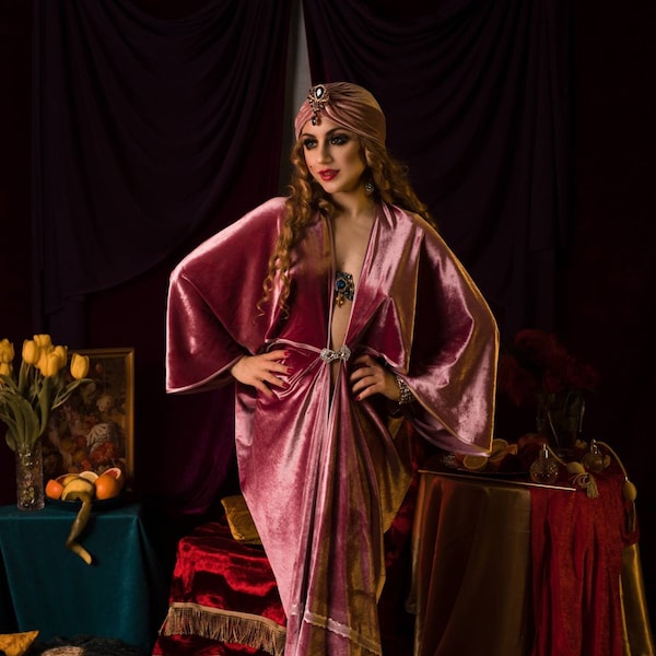 Robe de velours rose rétro des années 1920 couleur style Hollywood Great Gatsby Burlesque clapet Cocoon manteau