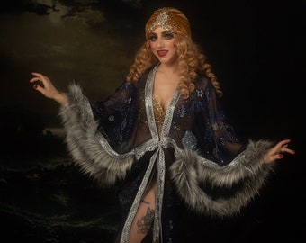 Winter Dreams Blau Jugendstil Grün Böhmisches Faxfell Mucha 1920 Vintage-Stil Queen-Kleid Great Gatsby Burlesque Flapper Cocoon Cocoat S/M