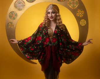Folk Red & Black Peignoir colors 1920s Flowers Robe Gown Hollywood style Great Gatsby Burlesque Robe flapper Cocoon coat zero waste S/M