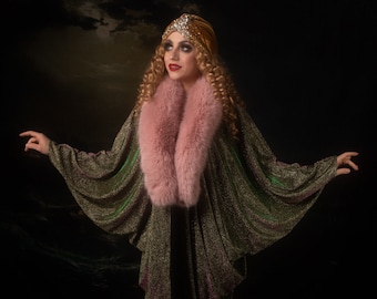 Aristocratic Holo Golden Green Pink 1920s faux fur Gown color Hollywood style Great Gatsby Burlesque flapper Cocoon coat