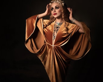 Gold Velvet Cocoon Robe 1920s Inspired – Champagne Luxury Boudoir Robe, Old Hollywood Bridal Dressing Gown, Vintage Gold Loungewear