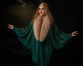 Aristocratic turquoise teal 1920s faux fur Gown color Hollywood style Great Gatsby Burlesque flapper Cocoon coat
