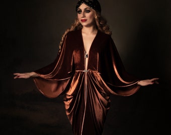 1920s Velvet Gown Royal Copper Cinnamon color Hollywood style Great Gatsby Burlesque flapper Cocoon coat