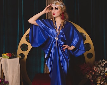 Vestido azul satinado estilo Art Nouveau Hollywood Gran Gatsby Burlesque flapper Cocoon coat