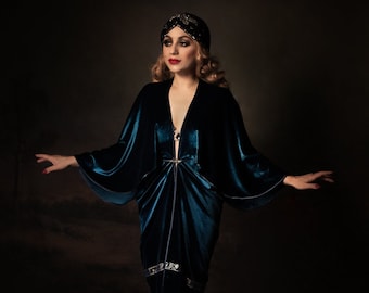 1920s Velvet Gown Royal Blue Hollywood style Great Gatsby Burlesque flapper Cocoon coat