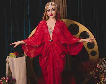 Vestido estilo Art Déco romántico de encaje rojo Gran Gatsby Burlesque flapper Cocoon coat S/M