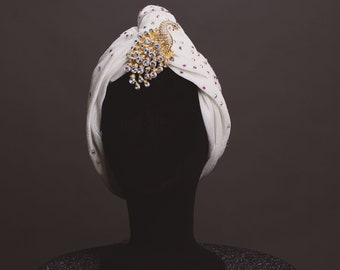 Peacock Ivory 1920s Velvet Turban,Rhinestones Brooch Hollywood style Great Gatsby Burlesque turban Art Déco