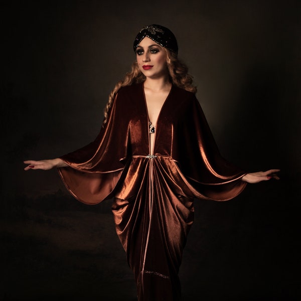 1920er-Jahre-Samtkleid, königliches Kupfer, Zimtfarbe, Hollywood-Stil, toller Gatsby-Burlesque-Flapper-Cocoon-Mantel