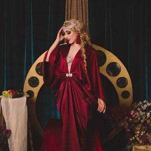 Red Wine Satin Art Nouveau Hollywood style Bordoux Gown Great Gatsby Burlesque flapper Cocoon coat