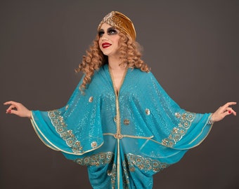 1920er Jahre besticktes Art Deco Kleid in Gold und Blau im Hollywood-Stil Great Gatsby Burlesque Flapper Cocoon Mantel S/M
