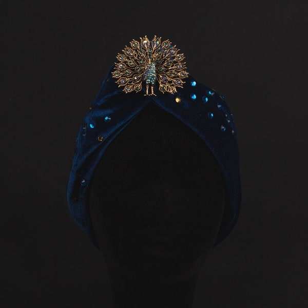 Pavo Real Azul Real 1920s Terciopelo Turbante Rhinestones Broche Estilo Hollywood Gran Gatsby Burlesque turbante Art Déco