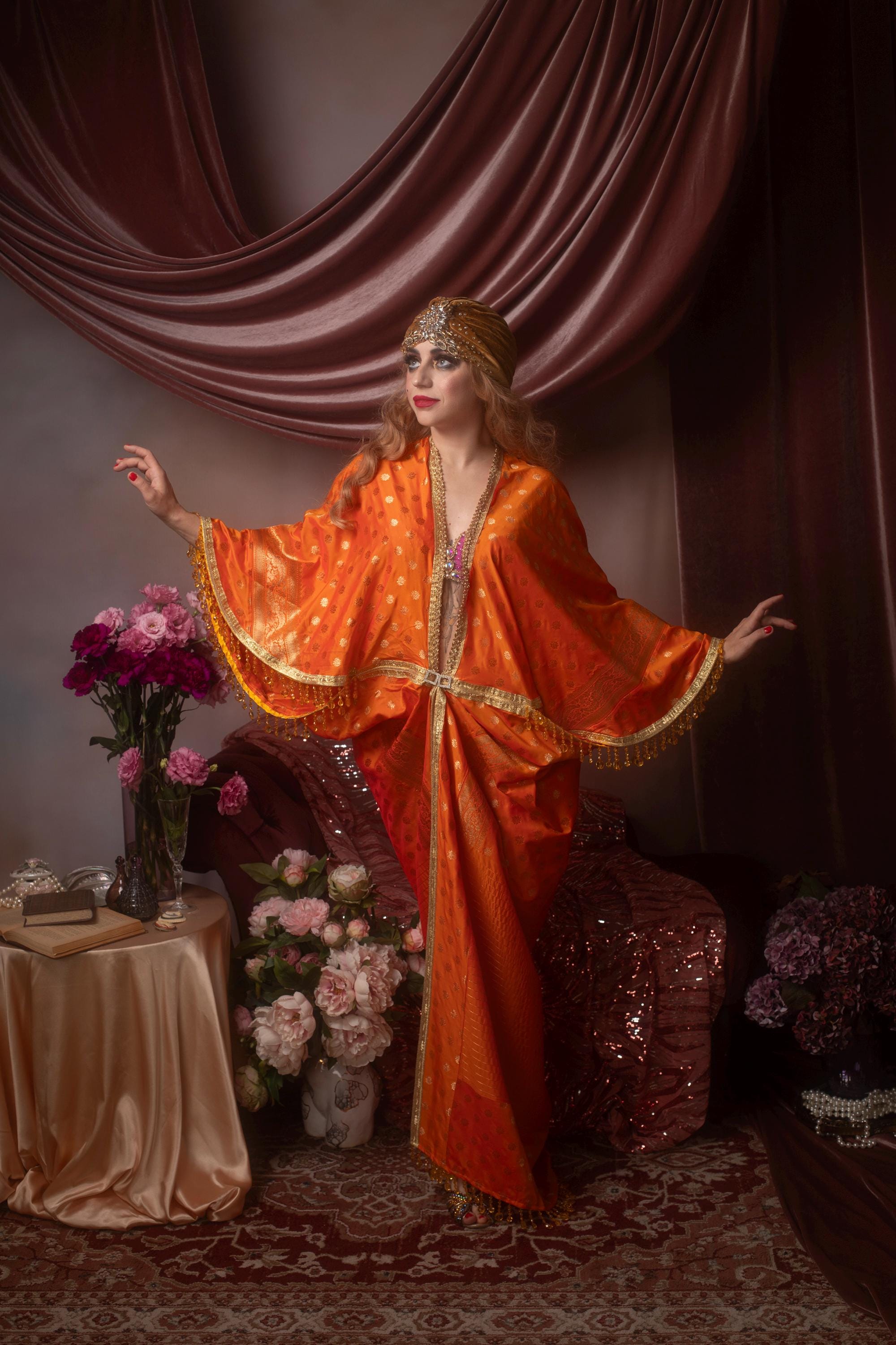 Vintage-style Orange & Gold Oriental Gown Robe S/M Burlesque Queen Gown ...