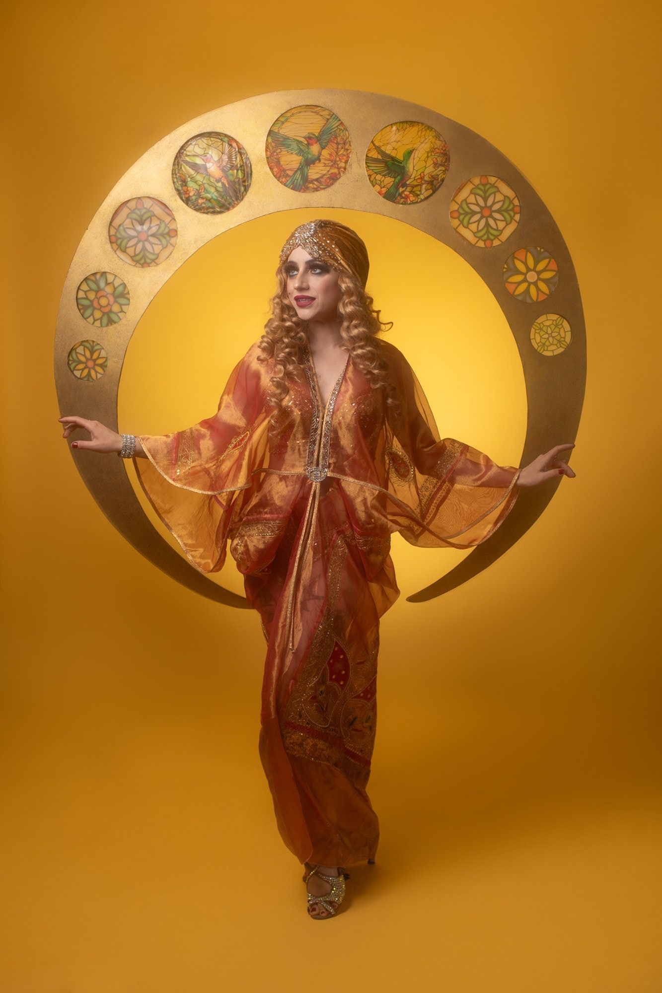 Art Nouveau 1920s Red & Orange Art Deco Oriental Gown Hollywood style Great Gatsby Burlesque flapper Cocoon coat S/M