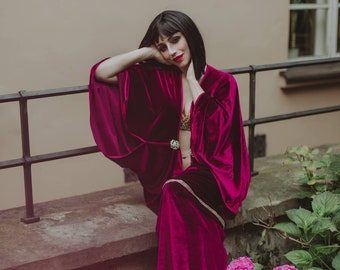 Burgundy Velvet Cocoon Robe 1920s Inspired Art Deco Luxury Boudoir Robe, Vintage Old Hollywood Velvet Bridal Dressing Gown