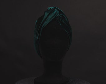 Emerald Velvet Turban Vinatege Green Retro Hair cap, Hollywod Art Déco turban