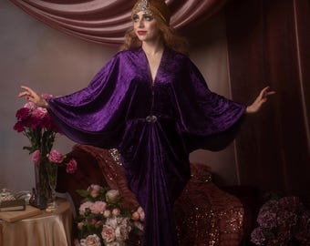 Crushed Violet Velvet Peignoir Gown 20s Art Deco Hollywood style Great Gatsby Burlesque flapper Cocoon coat