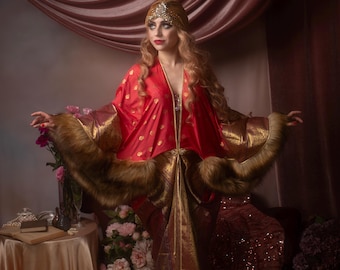 Royal Opera Gown Gold 1920s Velvet with faux fur Hollywood style Great Gatsby Burlesque flapper khaki Cocoon coat