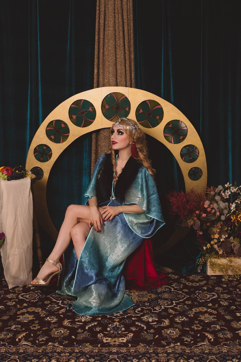 Art Nouveau Blue Faux Fur 1920 Vintage style Autumn Gown Great Gatsby Burlesque flapper Cocoon coat SM