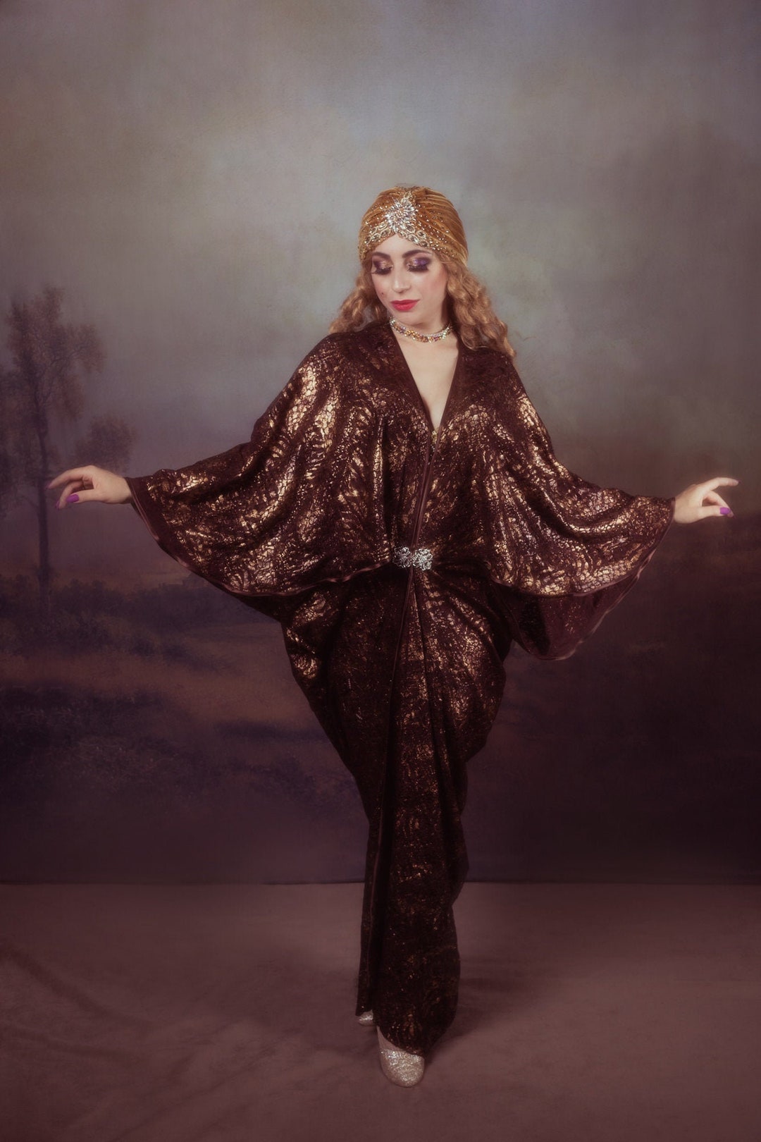 1920s Copper Gold Lace Royal Art Deco Noveau Gown Hollywood Style