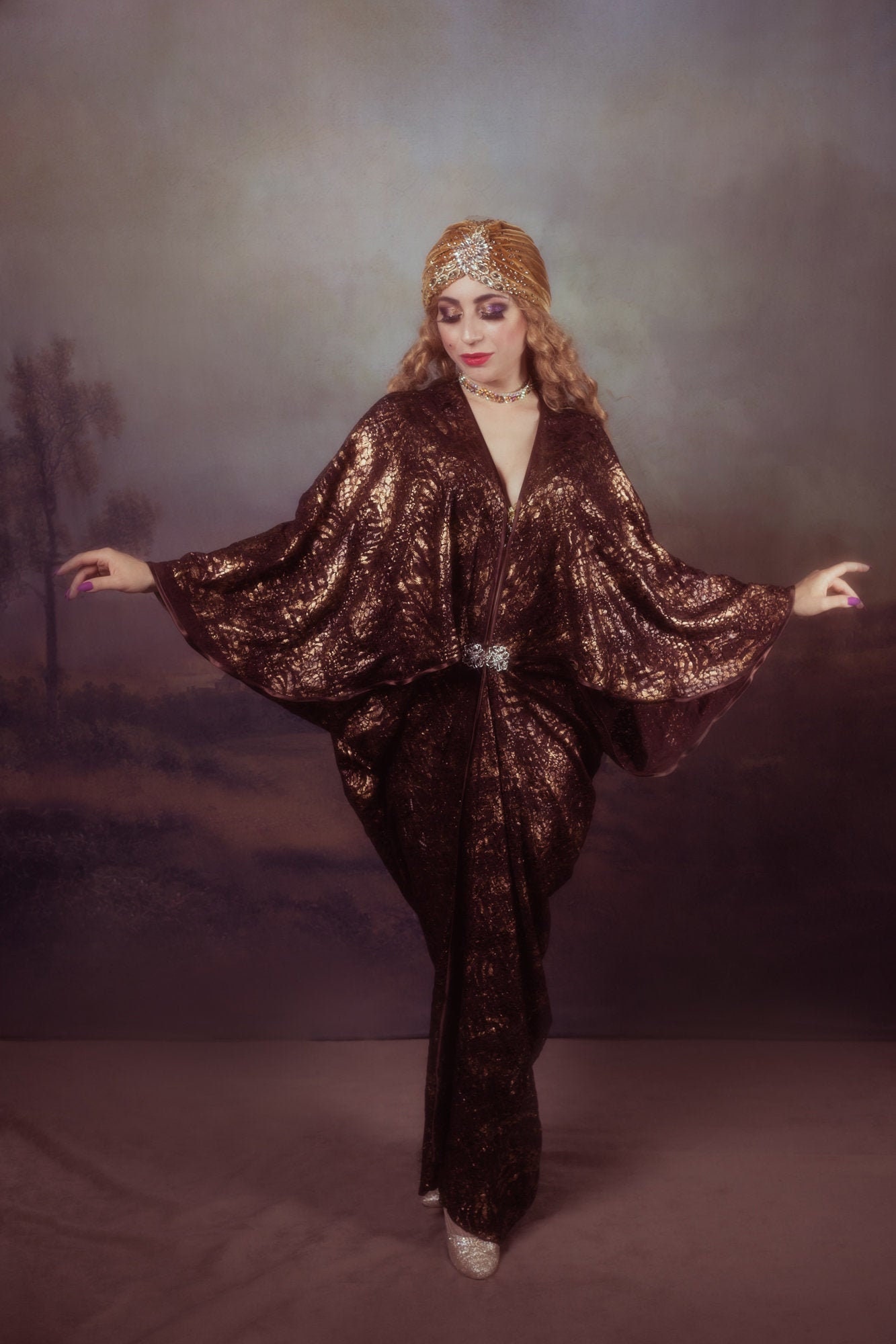 1920s Copper Gold Lace Royal Art Deco Noveau Gown Hollywood Style