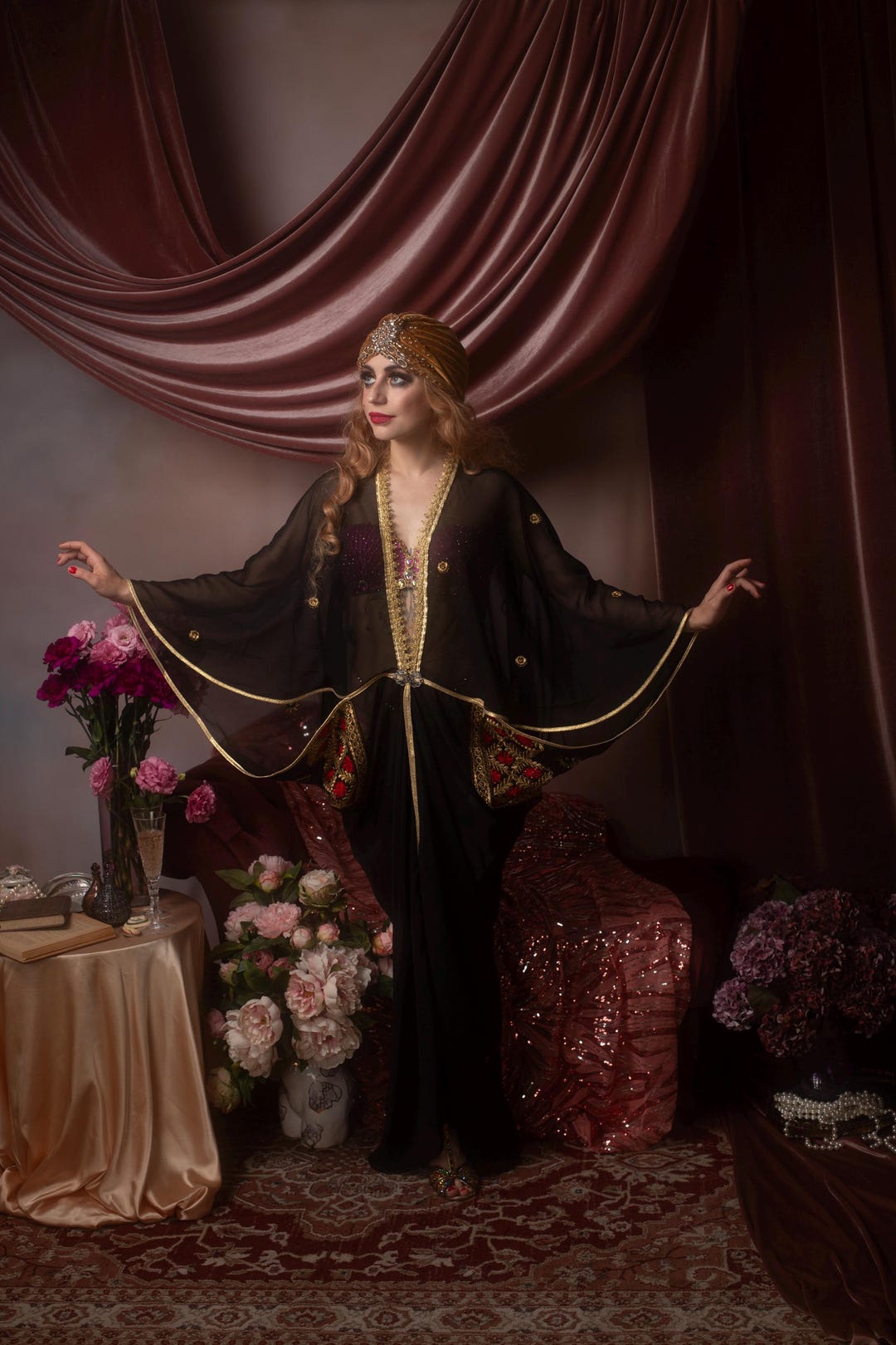 Elegant Black Gown With Golden&red Motif Art Nouveau Vintage-style L/XL ...