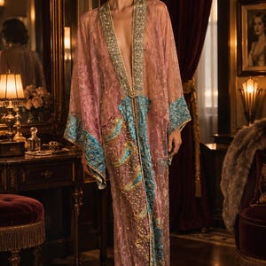 Vestido Art Déco bordado em tons de rosa antigo e azul dourado, estilo anos 1920, em veludo, inspirado em Hollywood, Grande Gatsby, burlesco e melindrosa, tamanho P/M.