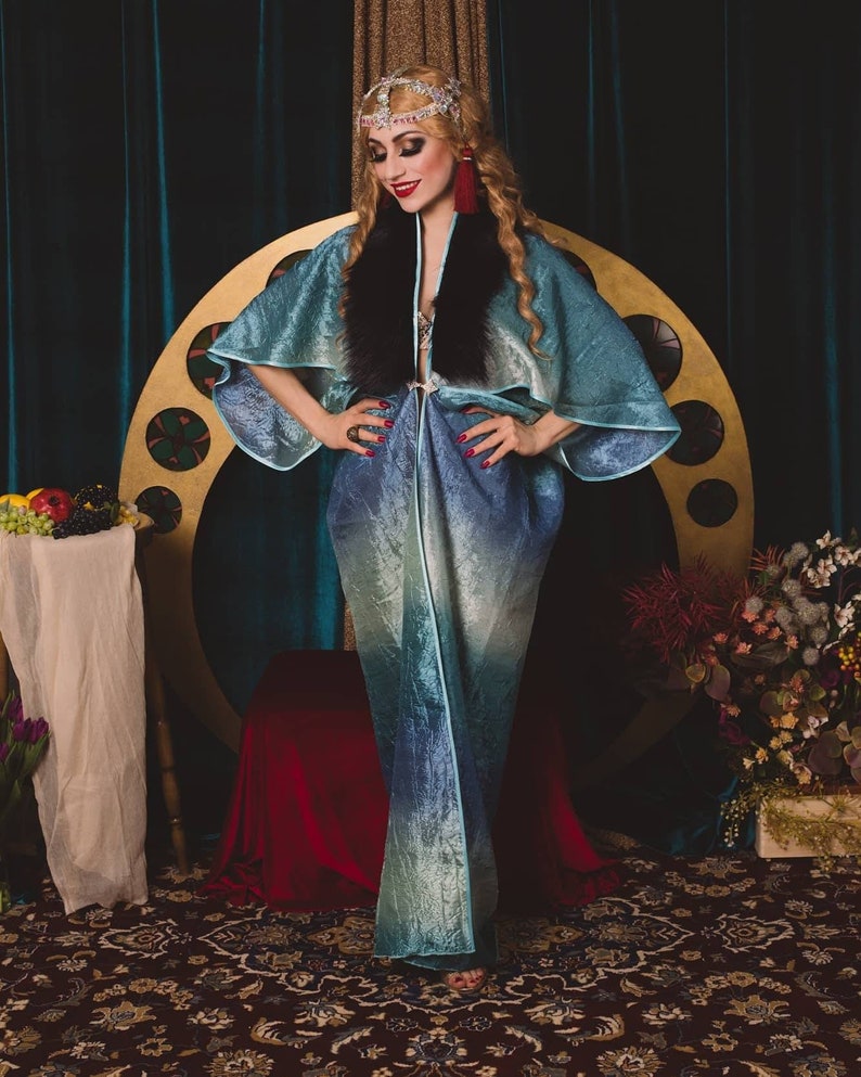 Art Nouveau Blue Faux Fur 1920 Vintage style Autumn Gown Great Gatsby Burlesque flapper Cocoon coat SM
