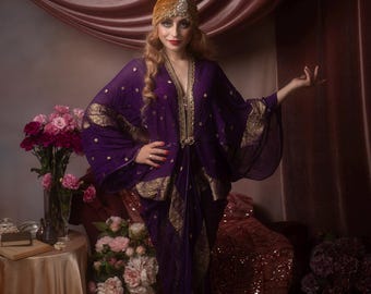 Art Deco Gold & Purple peignoir Art Nouveau Hollywood style Bordoux Gown Great Gatsby Burlesque flapper Cocoon coat S/M