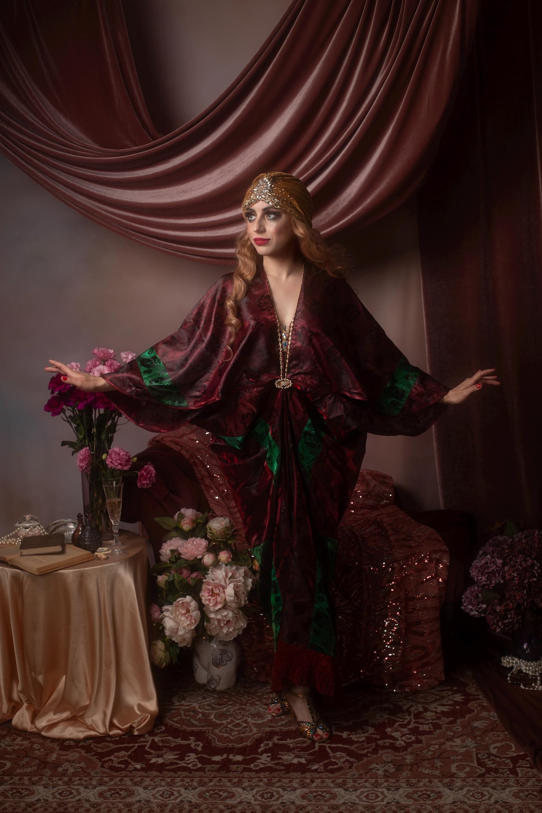 Vintage-style Green & Bordoux Oriental Gown Robe S/M Burlesque Queen ...