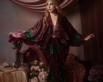 Vintage-style Green & Bordoux Oriental Gown Robe S/M burlesque Queen Gown Great Gatsby Burlesque flapper Cocoon coat